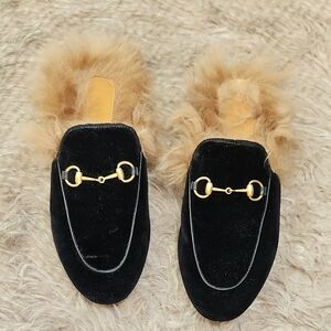 Gucci Princeton Fur-Trimmed Velvet Loafers Women Size 38
